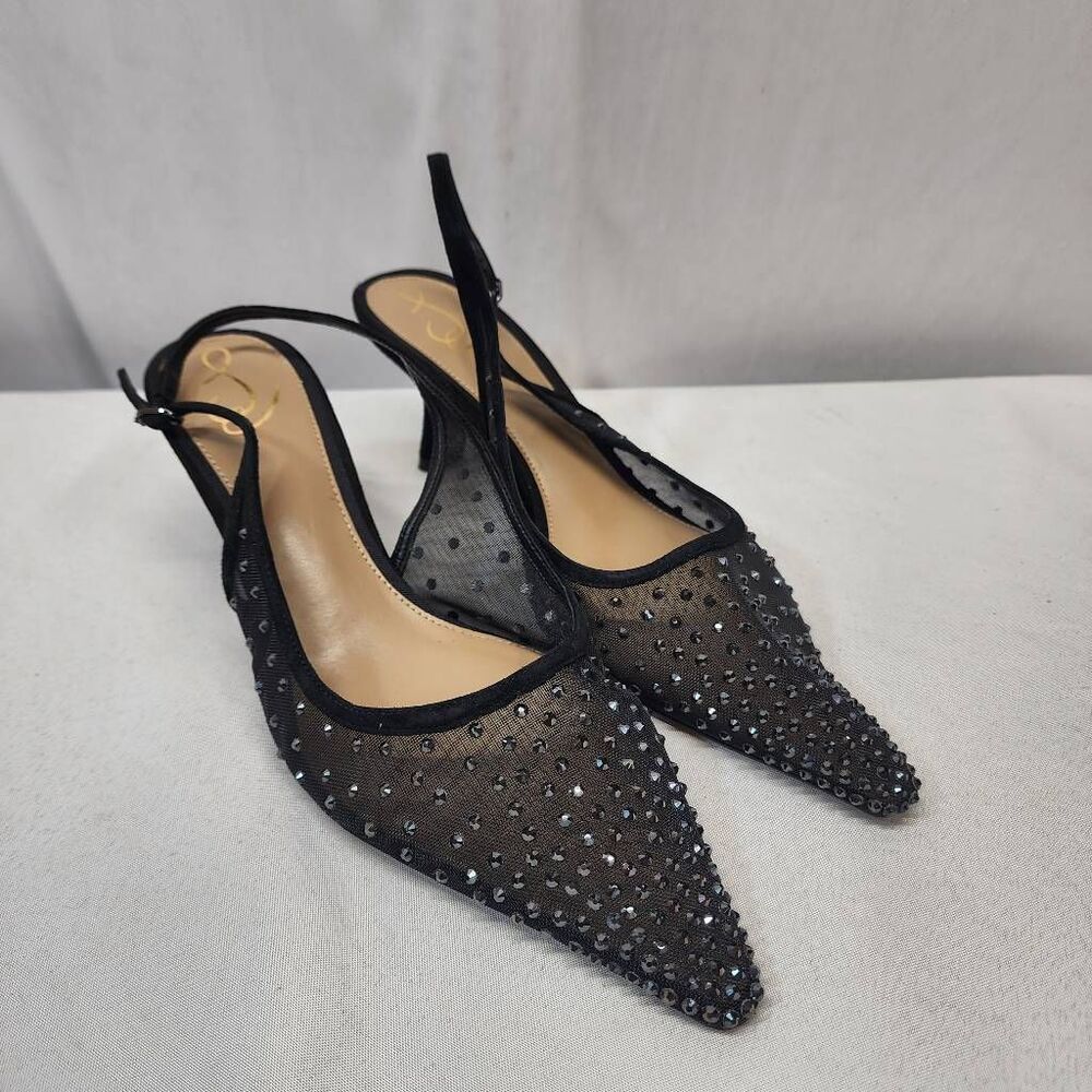 Sam Edelman Black Mesh Pointed Slingback Heels with Rhinestones